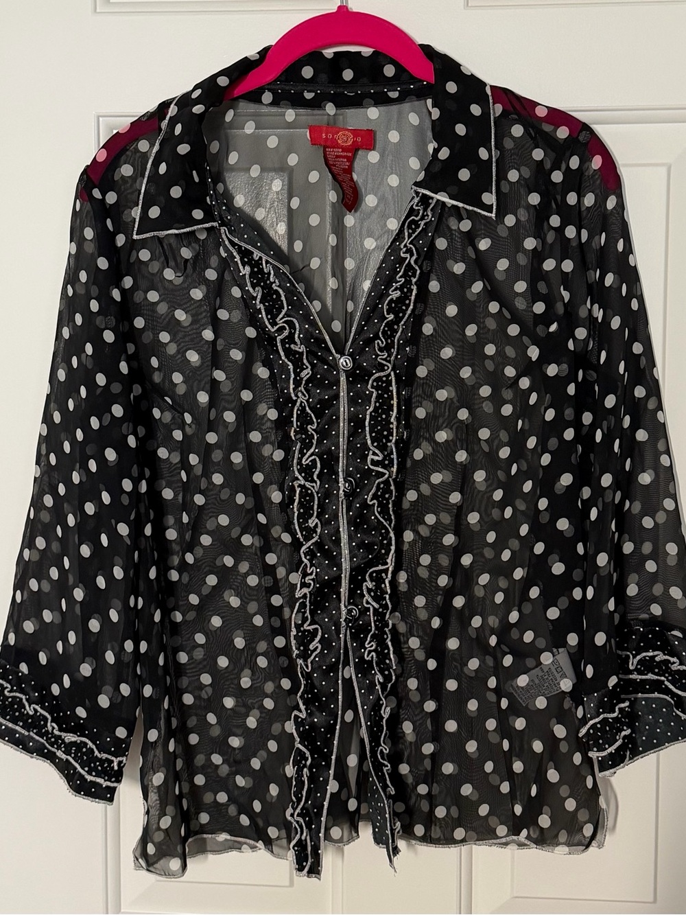 Black Sheer Polka Dot Ruffle Blouse
